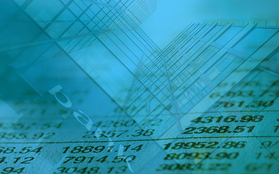 Decorative photo of tall buildings with bank sign and spreadsheet overlay.